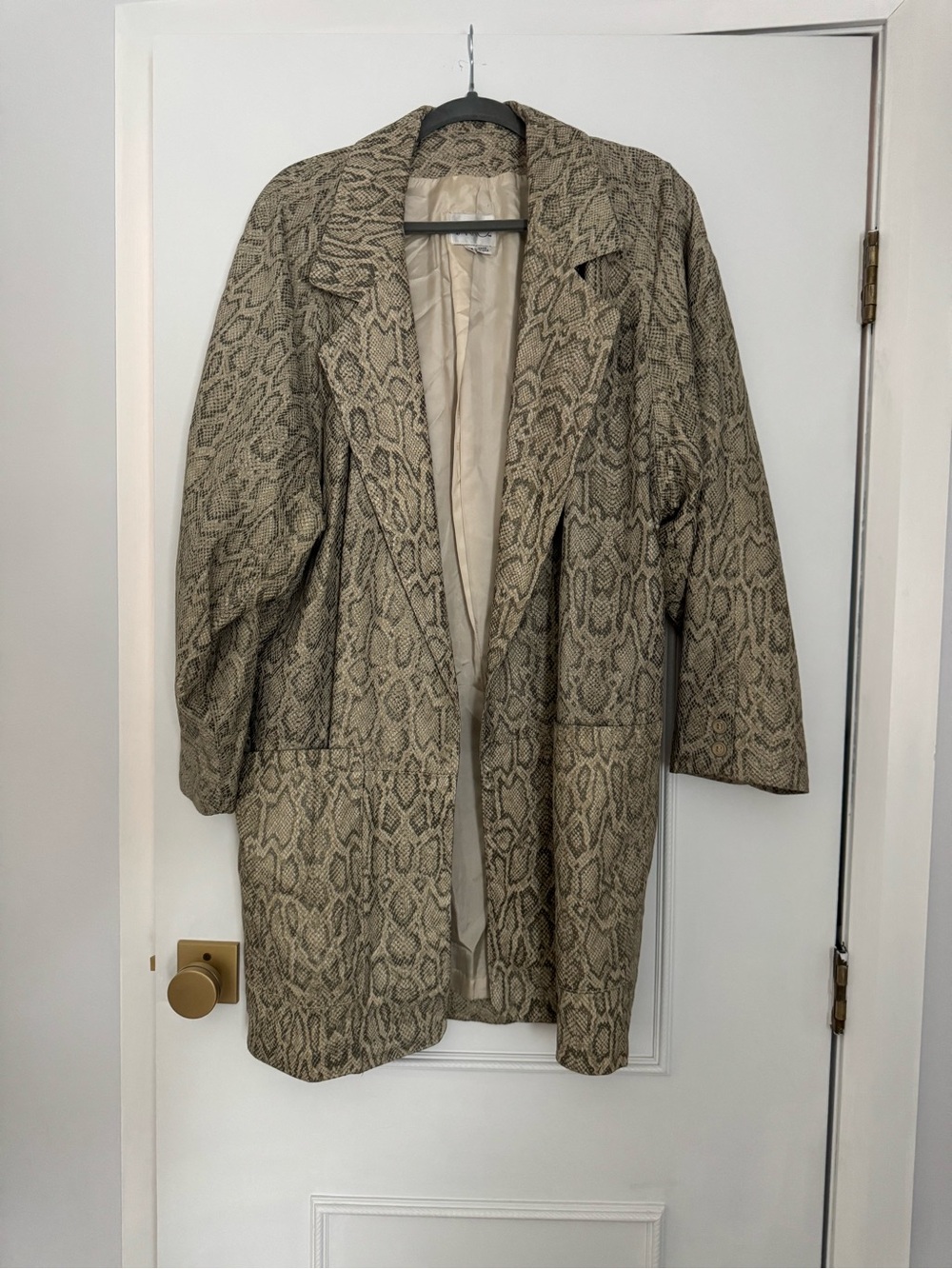 Vintage Vakko Leather Snake-Print Long Coat in Beige